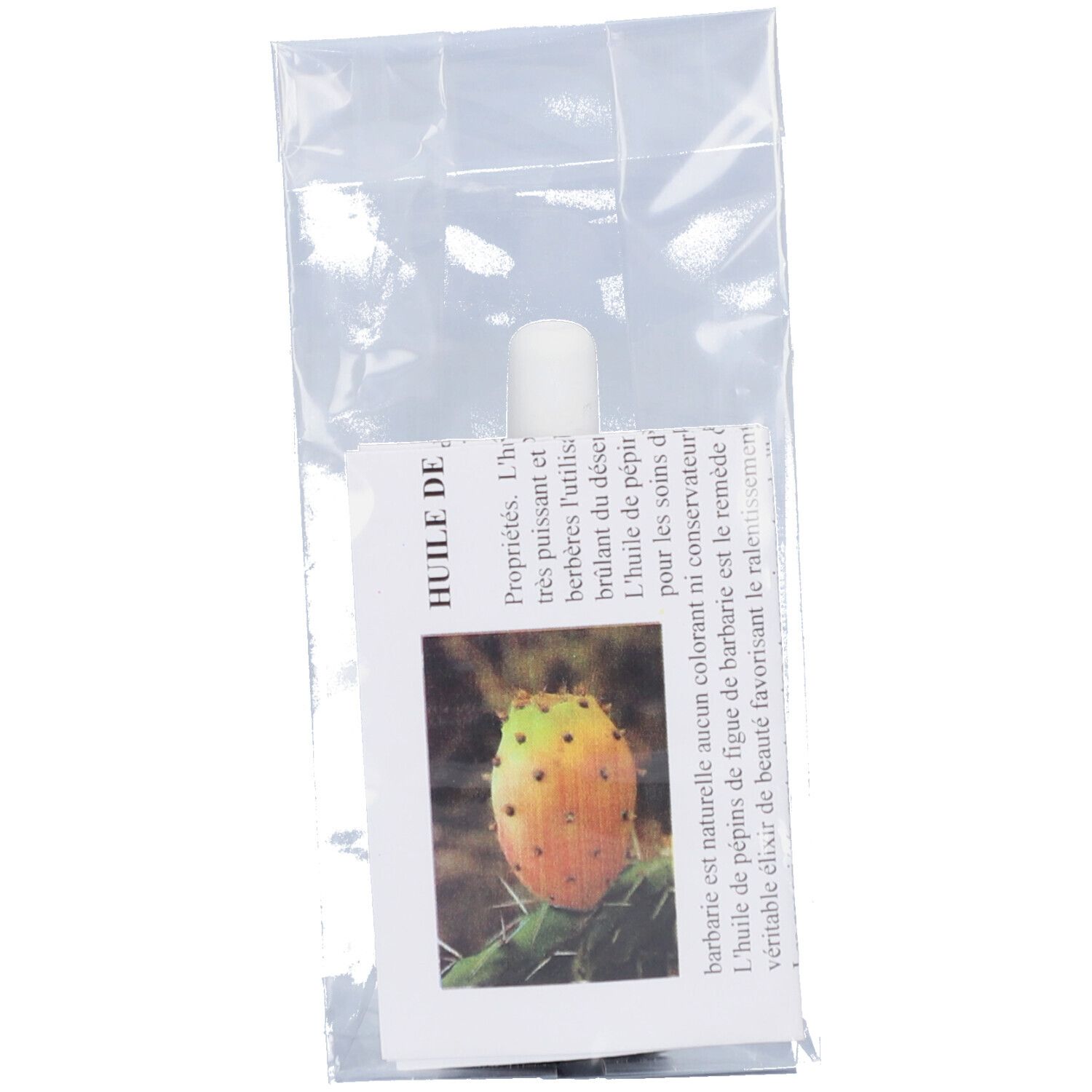 Produit dans un emballage plastique. Étiquette avec nom du produit et image d'un fruit de figue de barbarie.