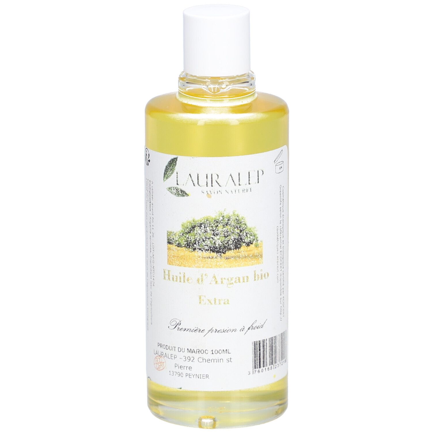 Bouteille d'huile d'Argan bio. Étiquette avec texte et illustration d'arbre. Bouchon blanc.