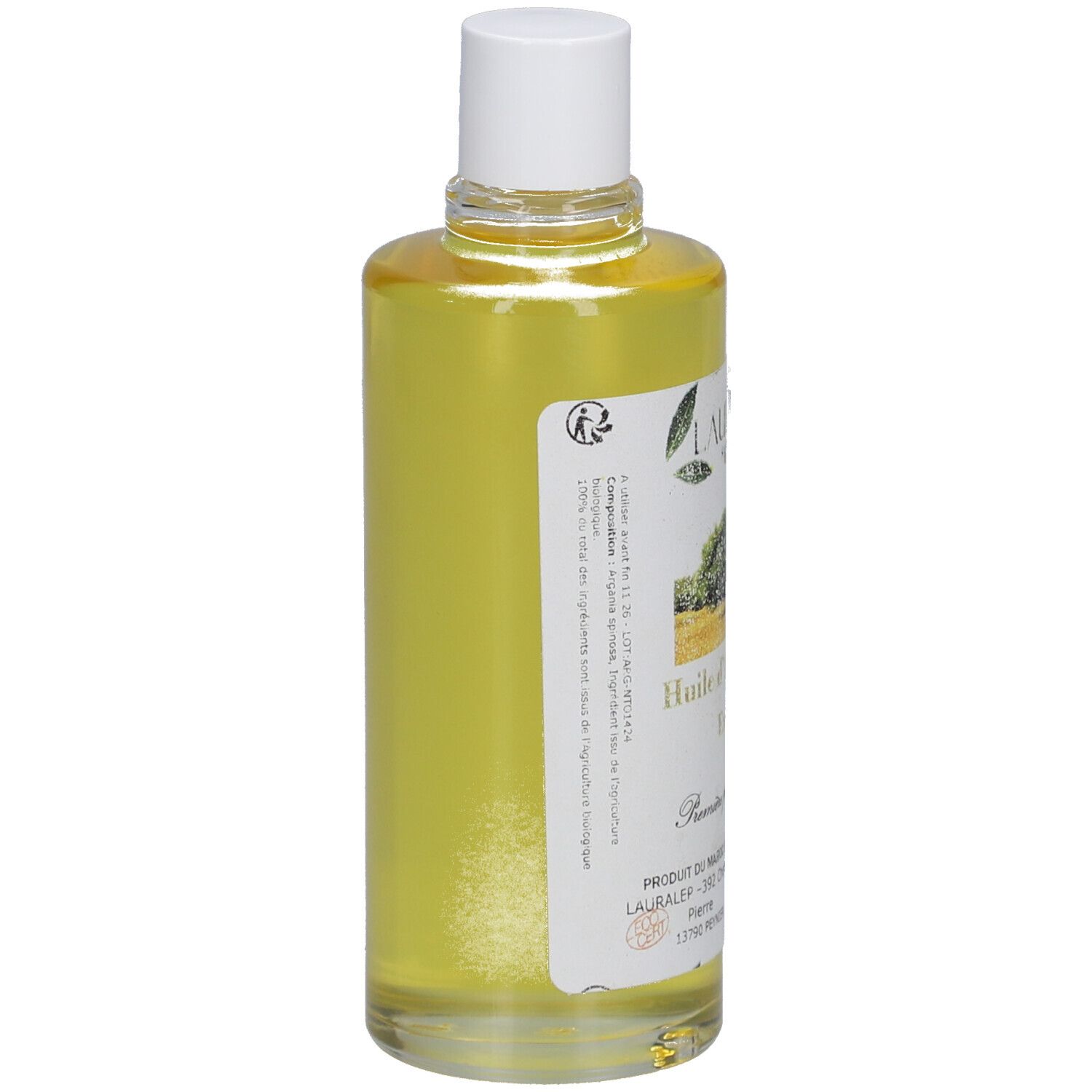 Vue latérale d'une bouteille d'huile. Étiquette avec texte. Bouchon blanc.
