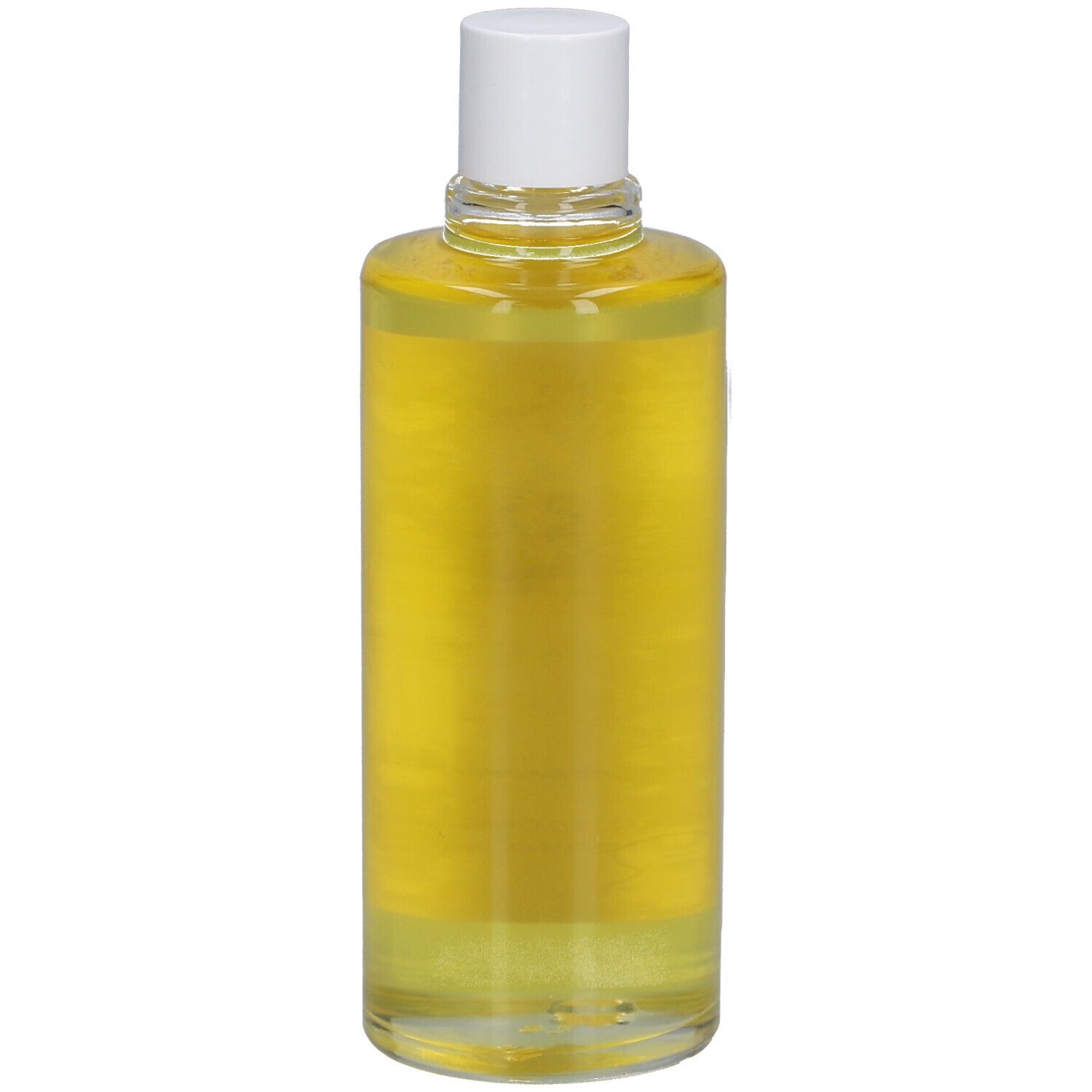 Bouteille cylindrique d'huile jaune avec bouchon blanc. Pas d'étiquette visible.
