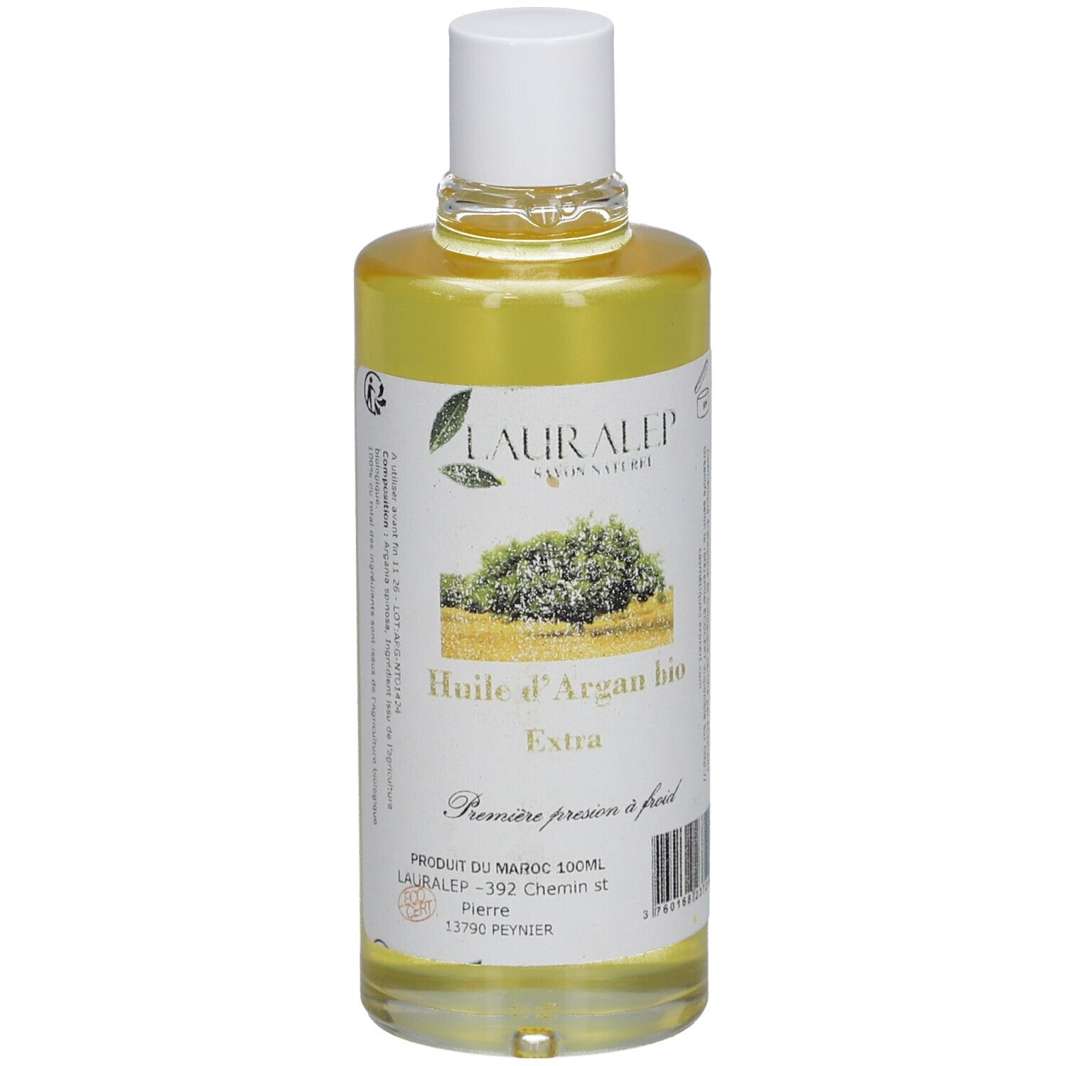 Bouteille d'huile jaune. Étiquette "Huile d'Argan bio Extra". Bouchon blanc.