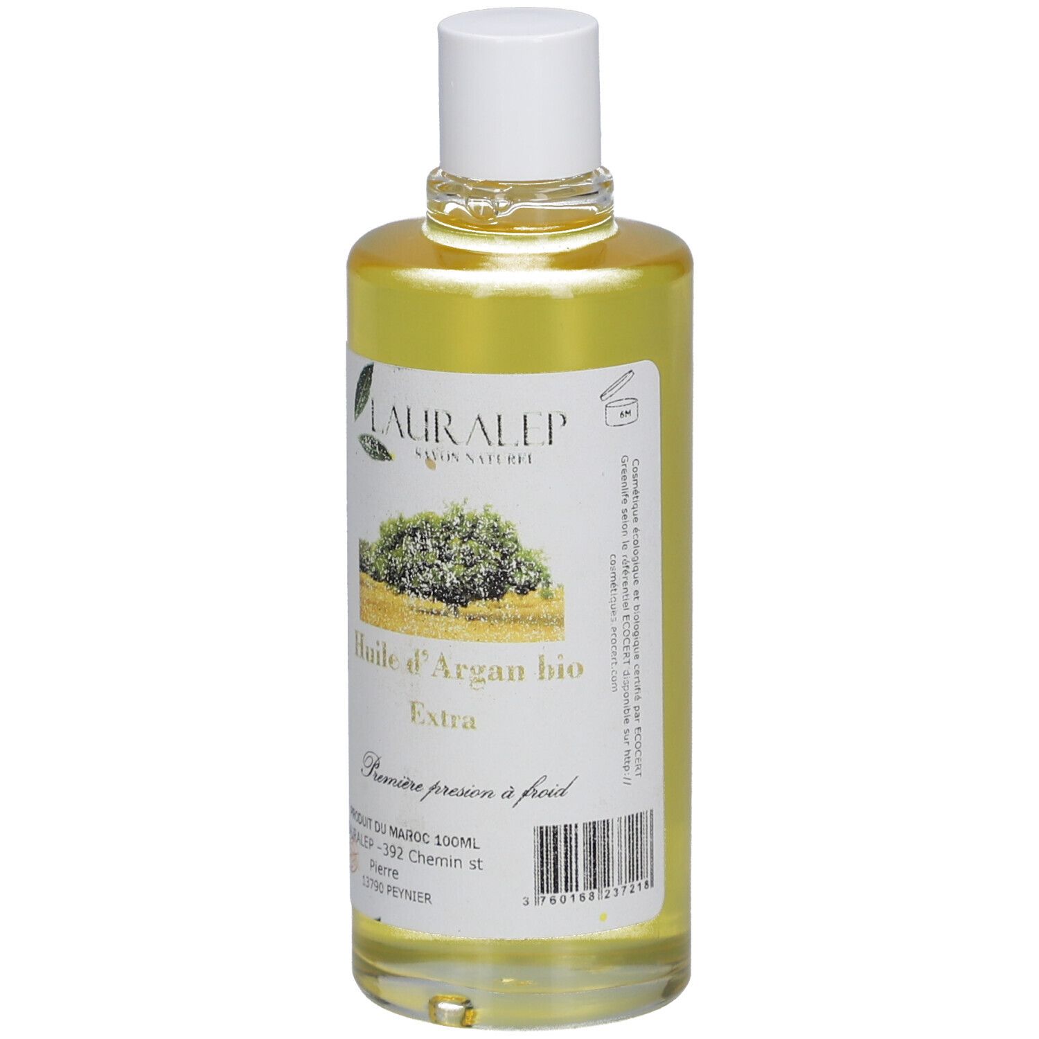 Bouteille d'huile jaune. Étiquette avec texte et code-barres. Bouchon blanc.