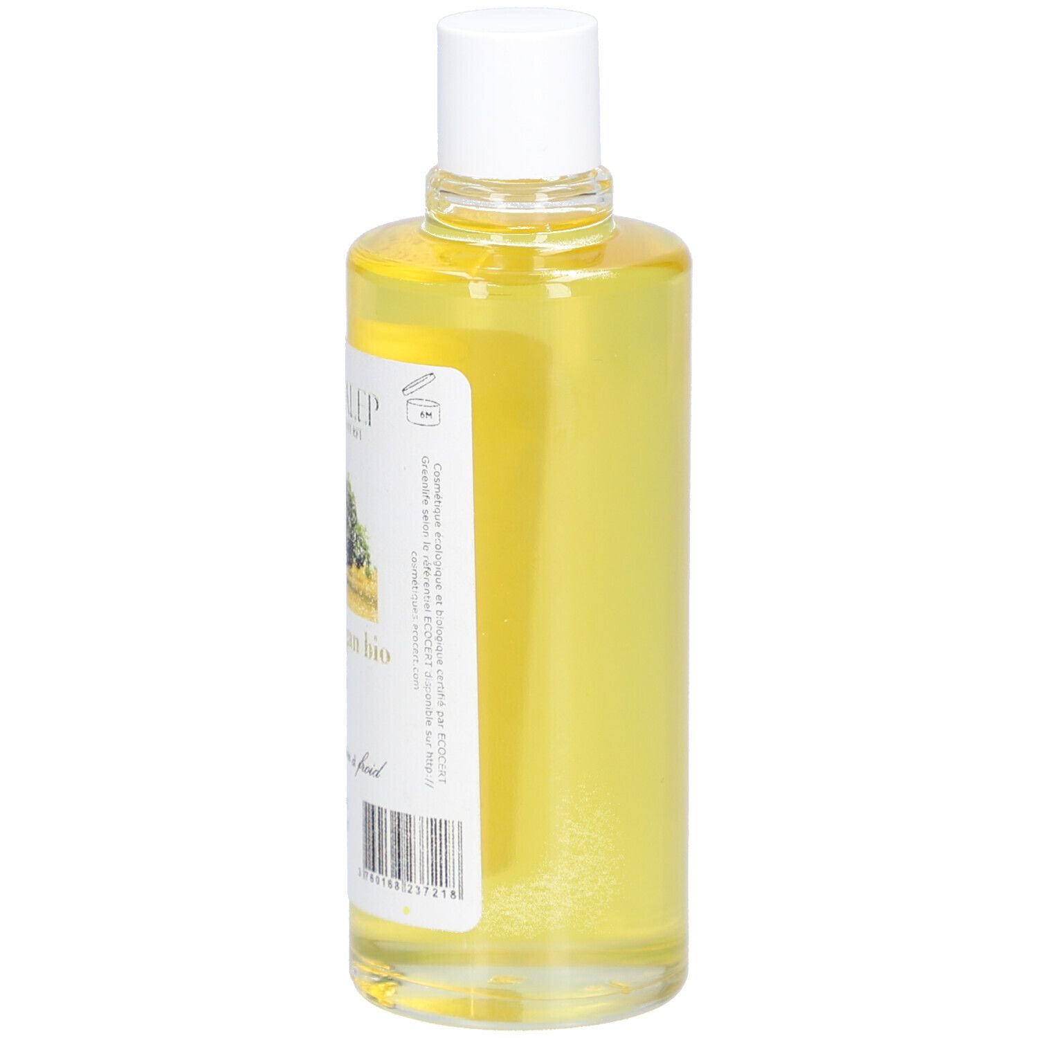 Vue latérale d'une bouteille d'huile. Étiquette avec texte et code-barres. Bouchon blanc.