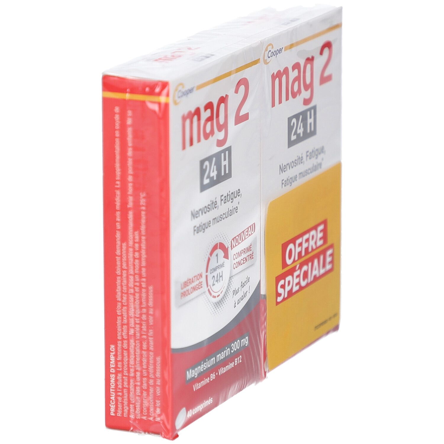 Deux boîtes de MAG 2 24H, partiellement visibles. Emballage rouge et blanc. Vue en angle.