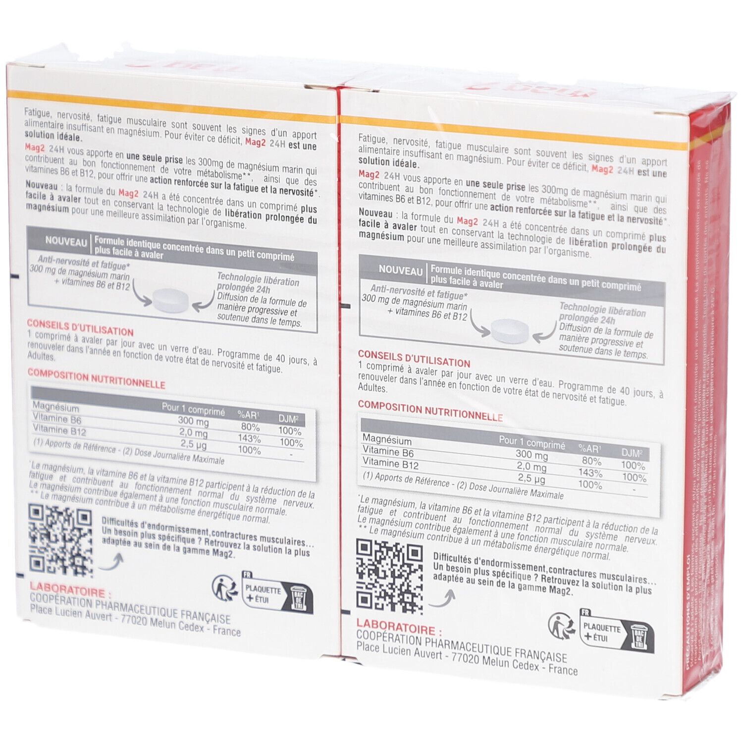 Dos de deux boîtes de MAG 2 24H. Informations textuelles sur fond blanc. Vue détaillée.