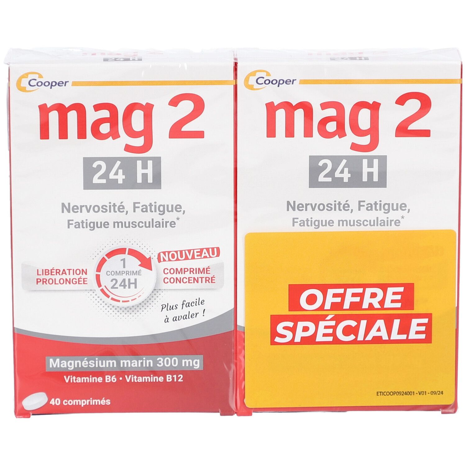 Deux boîtes de MAG 2 24H. Emballage rouge et blanc avec informations produit. Vue de dessus.