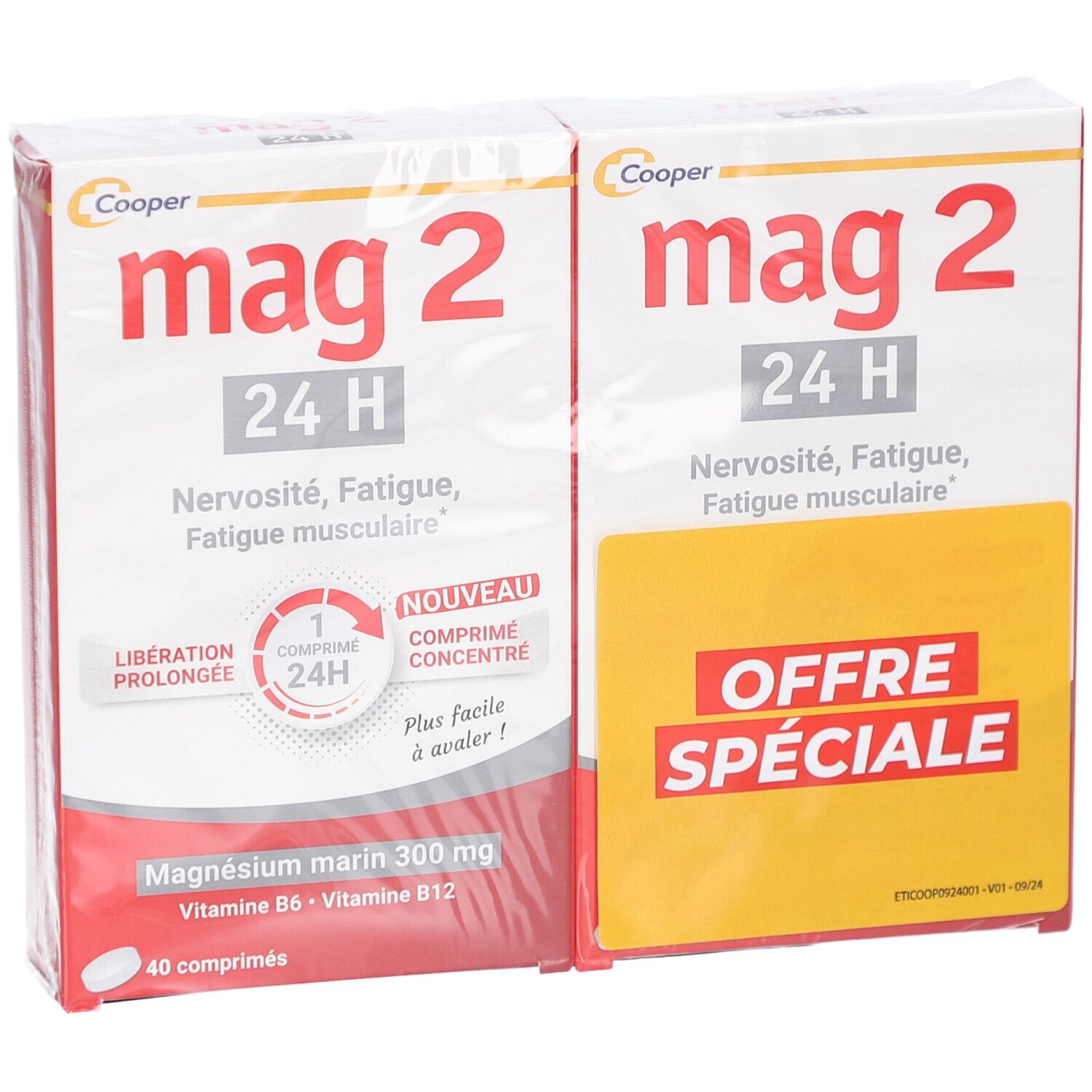 Deux boîtes de MAG 2 24H. Emballage rouge et blanc avec informations produit. Vue de dessus.