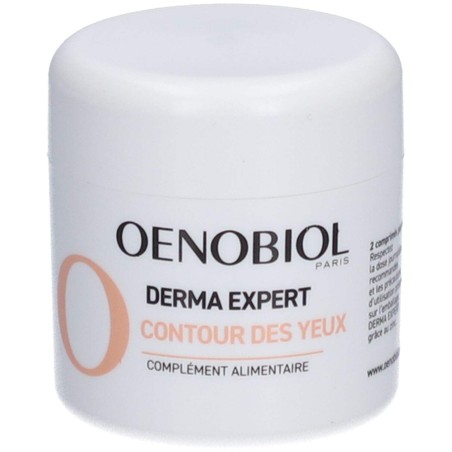 Weißer Tiegel mit Deckel. Aufschrift: OENOBIOL, DERMA EXPERT CONTOUR DES YEUX, COMPLÉMENT ALIMENTAIRE. Orangefarbener Kreis.