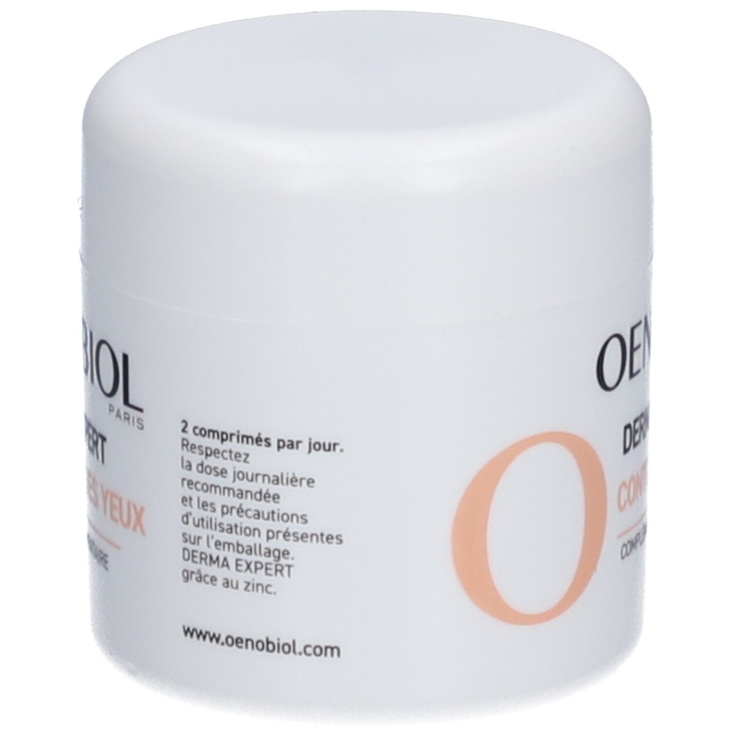 Weißer Tiegel mit Deckel. Aufschrift: OENOBIOL, DERMA EXPERT CONTOUR DES YEUX, COMPLÉMENT ALIMENTAIRE. Text und oranger Kreis auf der Seite.