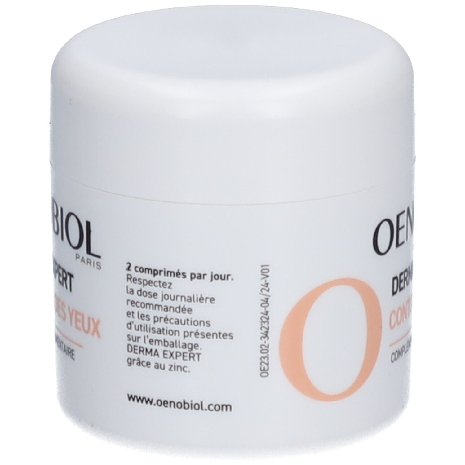 Weißer Tiegel mit Deckel. Aufschrift: OENOBIOL, DERMA EXPERT CONTOUR DES YEUX, COMPLÉMENT ALIMENTAIRE. Text und oranger Kreis.