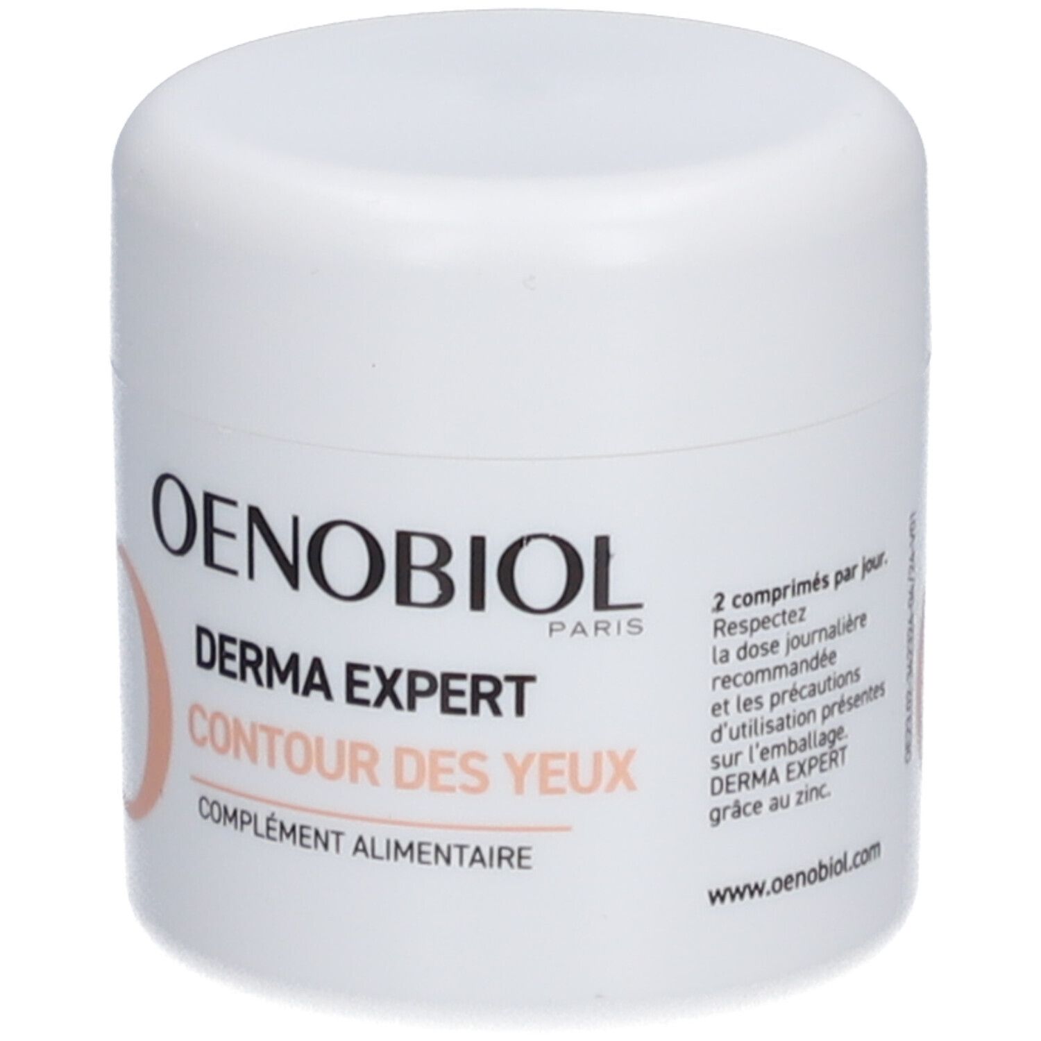 Weißer Tiegel mit Deckel. Aufschrift: OENOBIOL, DERMA EXPERT CONTOUR DES YEUX, COMPLÉMENT ALIMENTAIRE. Text und oranger Kreis.