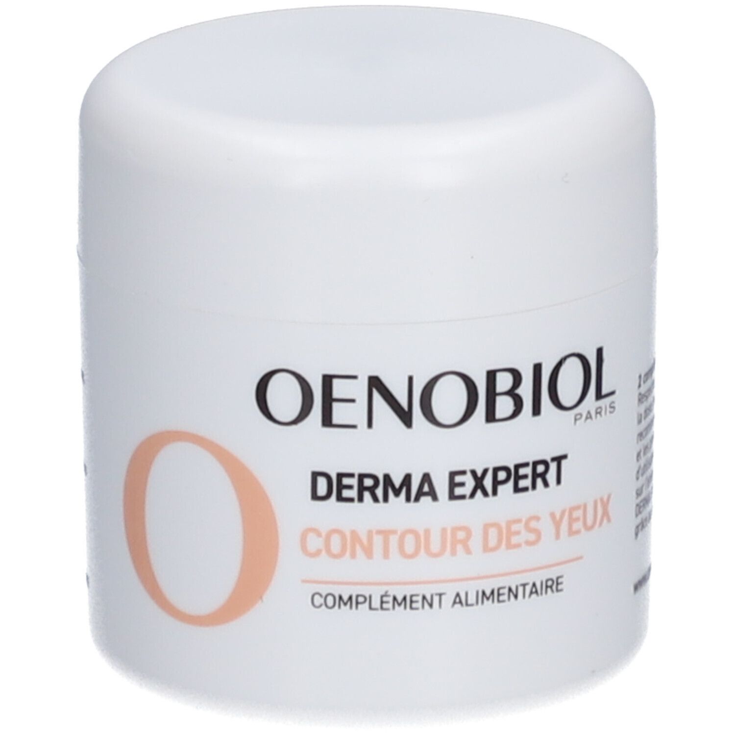 Weißer Tiegel mit Deckel. Aufschrift: OENOBIOL, DERMA EXPERT CONTOUR DES YEUX, COMPLÉMENT ALIMENTAIRE. Text und oranger Kreis.