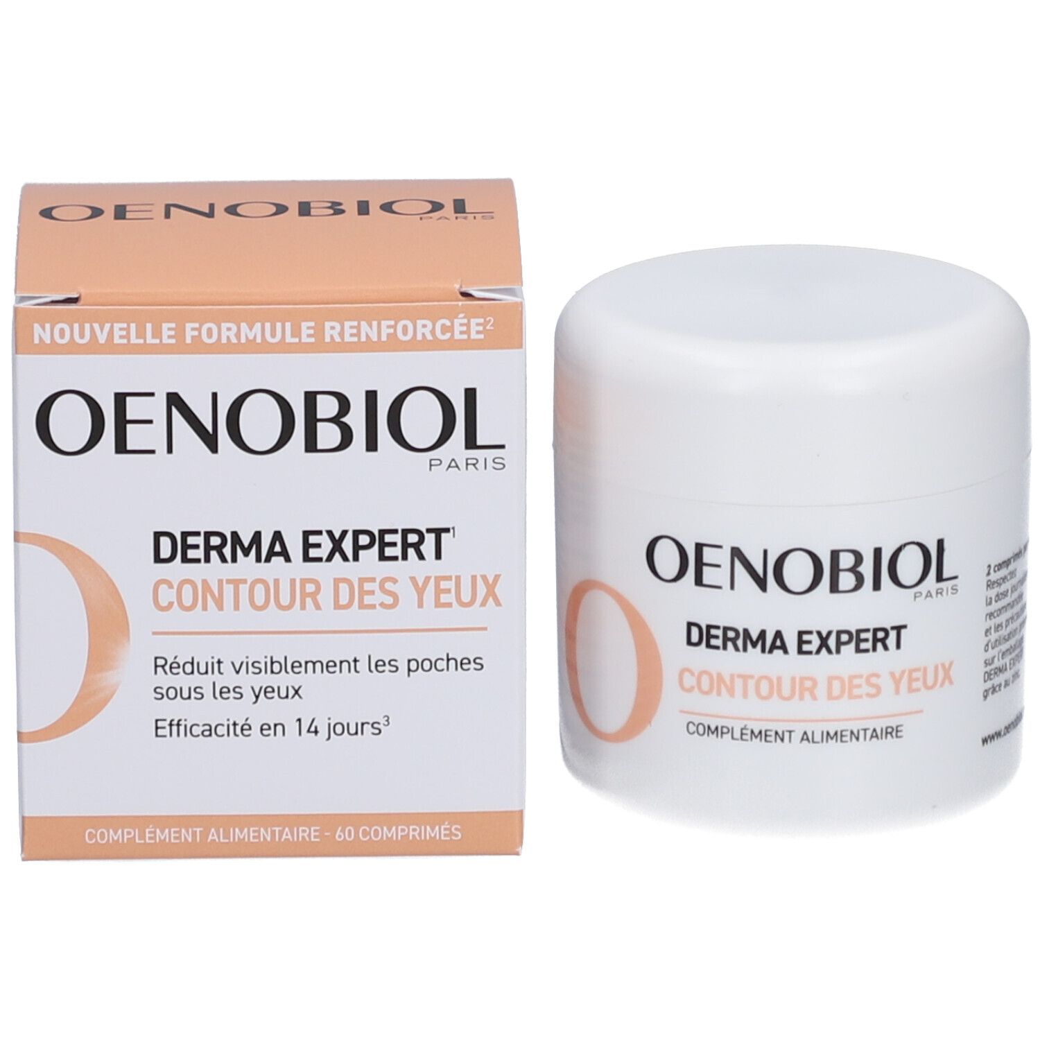 Produktverpackung und Tiegel. Verpackung: OENOBIOL, DERMA EXPERT CONTOUR DES YEUX. Tiegel: weiß, mit Deckel, OENOBIOL, DERMA EXPERT.