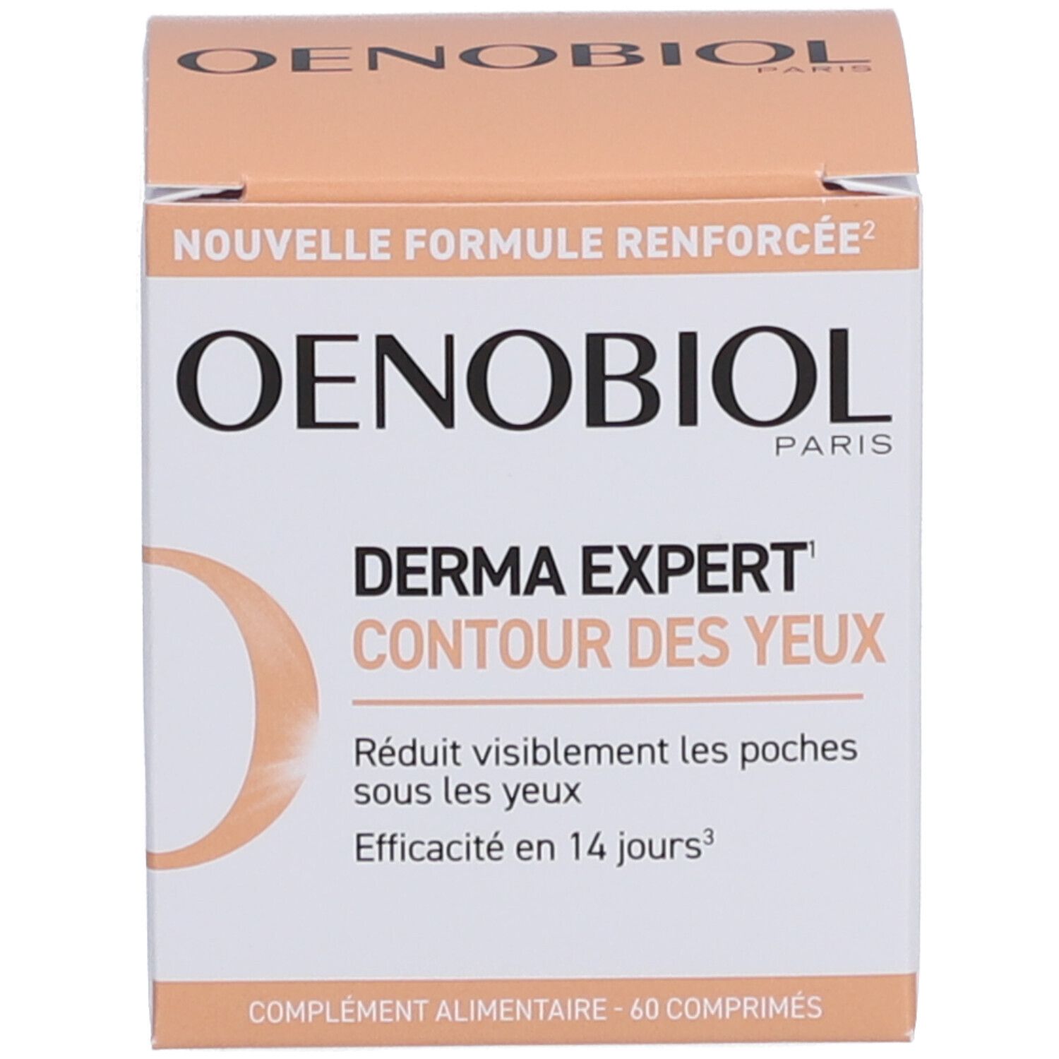 Produktverpackung. Aufschrift: OENOBIOL, DERMA EXPERT CONTOUR DES YEUX, NOUVELLE FORMULE RENFORCÉE. 60 comprimés.
