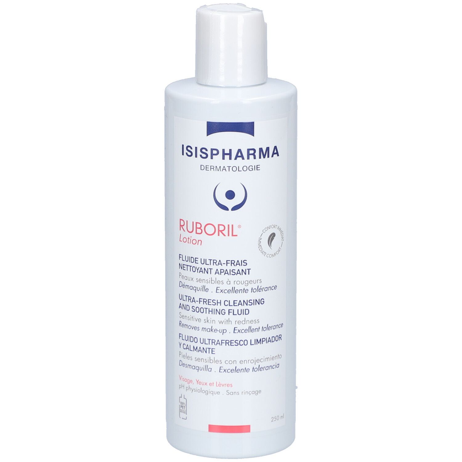 Weiße Flasche mit Klappverschluss. Aufschrift ISISPHARMA Ruboril Lotion. Text in mehreren Sprachen. 250 ml.