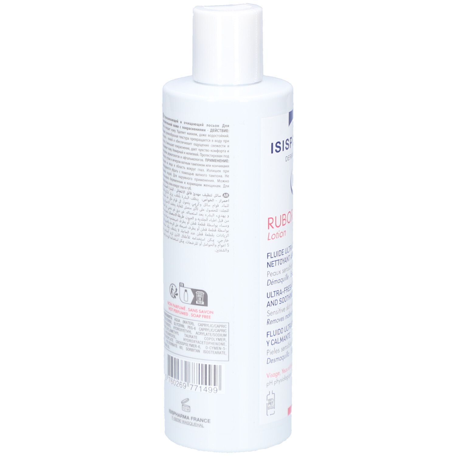 Rückseite einer weißen Flasche. Text in mehreren Sprachen. QR-Code und Barcode. Hergestellt in Frankreich.