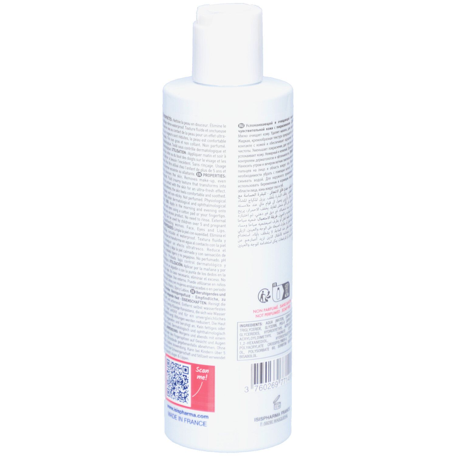 Weiße Flasche mit Klappverschluss. Aufschrift ISISPHARMA Ruboril Lotion. Text in mehreren Sprachen. 250 ml.