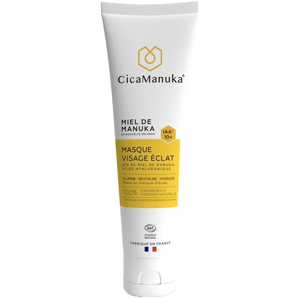Tube blanc avec logo CicaManuka et étiquette jaune. Texte : Miel de Manuka, Masque Visage Éclat, IAA 10+.