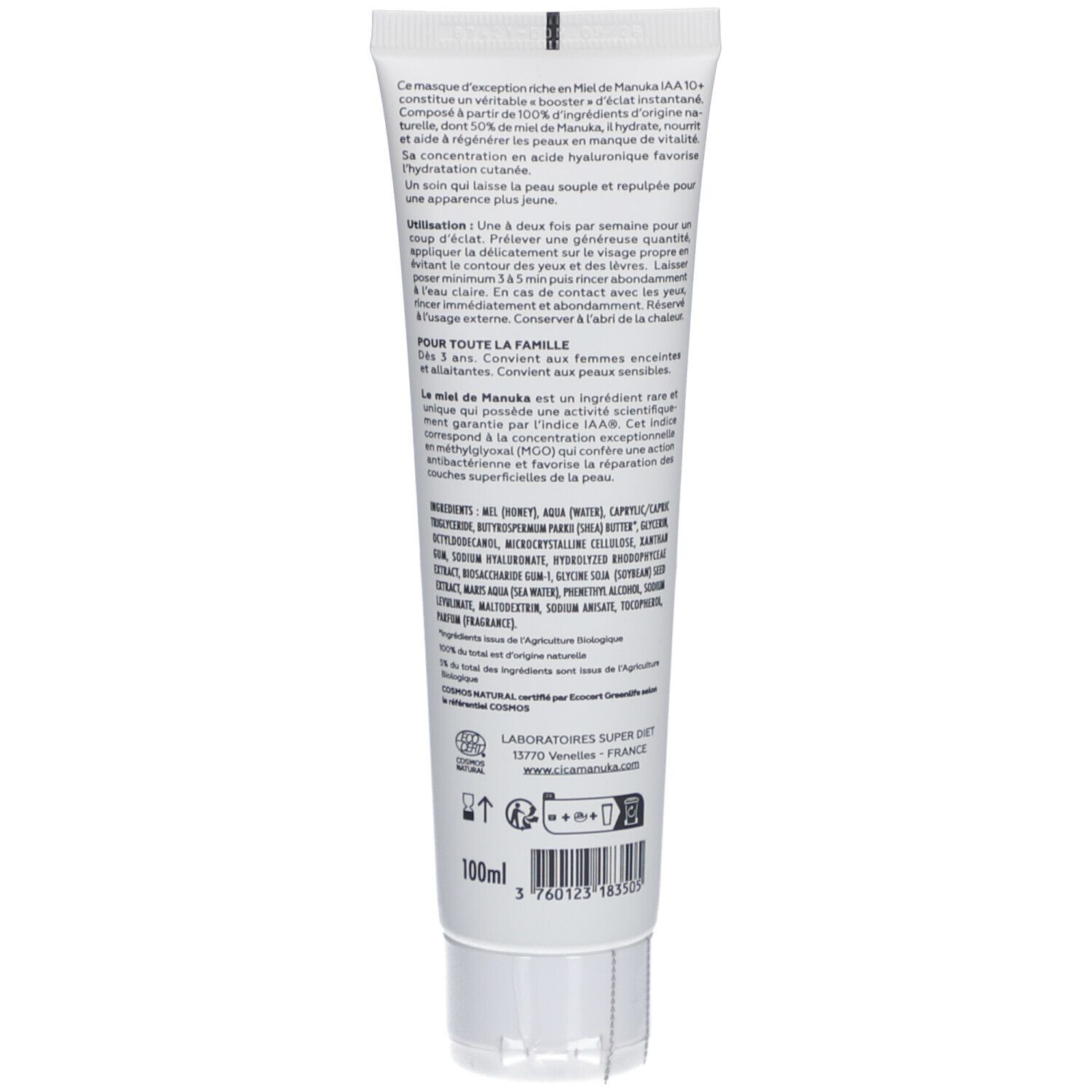 Rückseite der Tube. Text in französischer Sprache. Inhaltsstoffe, Anwendungshinweise und Herstellerinformationen. 100ml.
