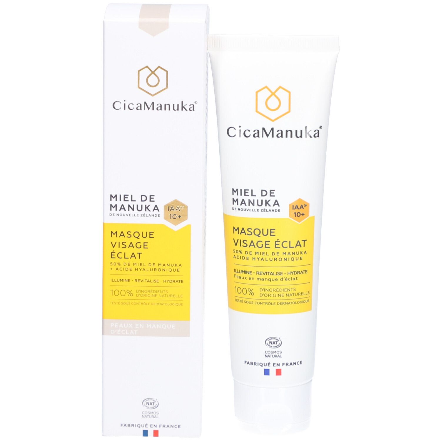 Produktverpackung. Weiße Schachtel und Tube. Aufschrift: CicaManuka, Honig, Gesichtsmaske. IAA10+ Zertifizierung. Hergestellt in Frankreich.