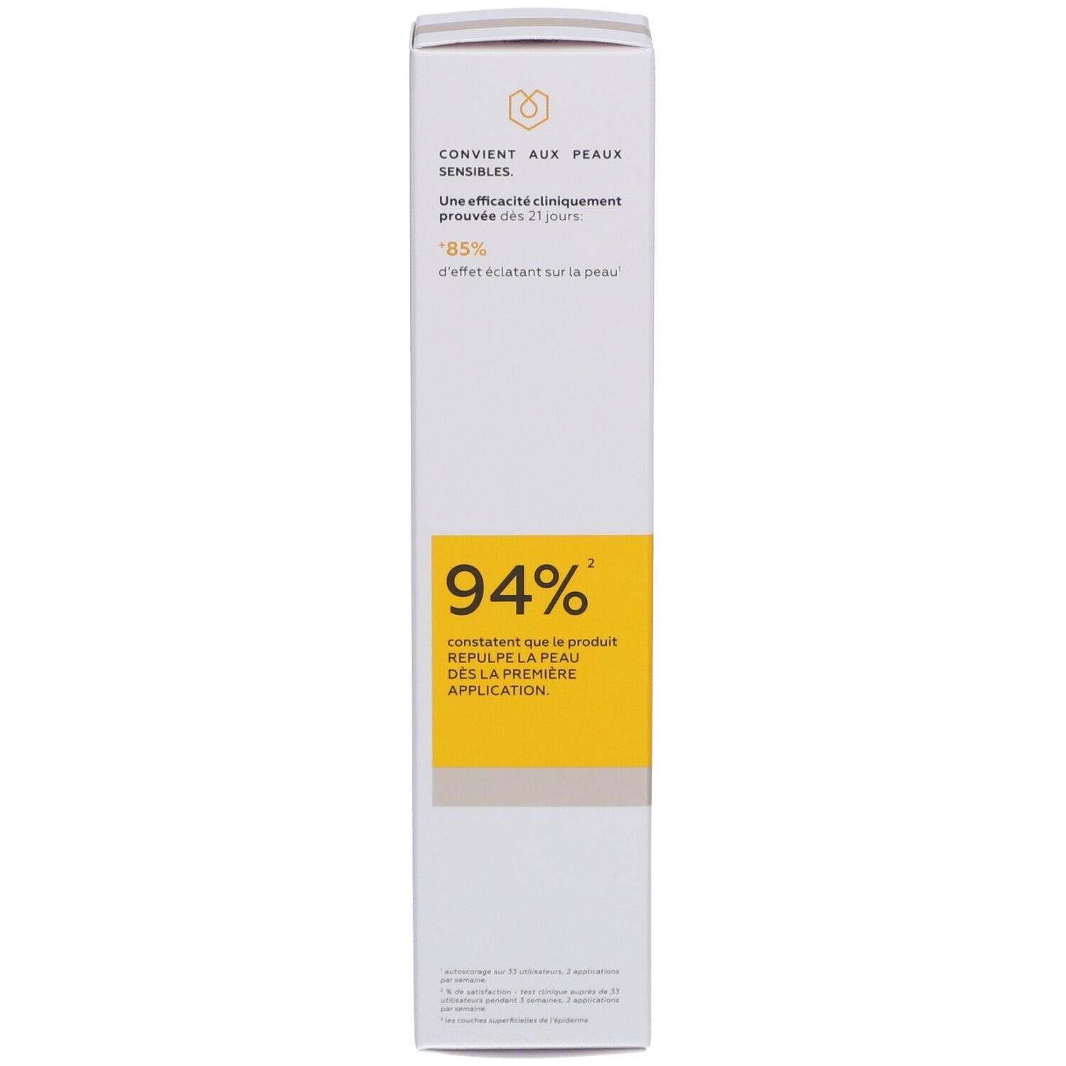 Weiße Schachtel, Text in französischer Sprache. Enthält Informationen über die Wirksamkeit des Produkts. 85% Effekt nach 21 Tagen.