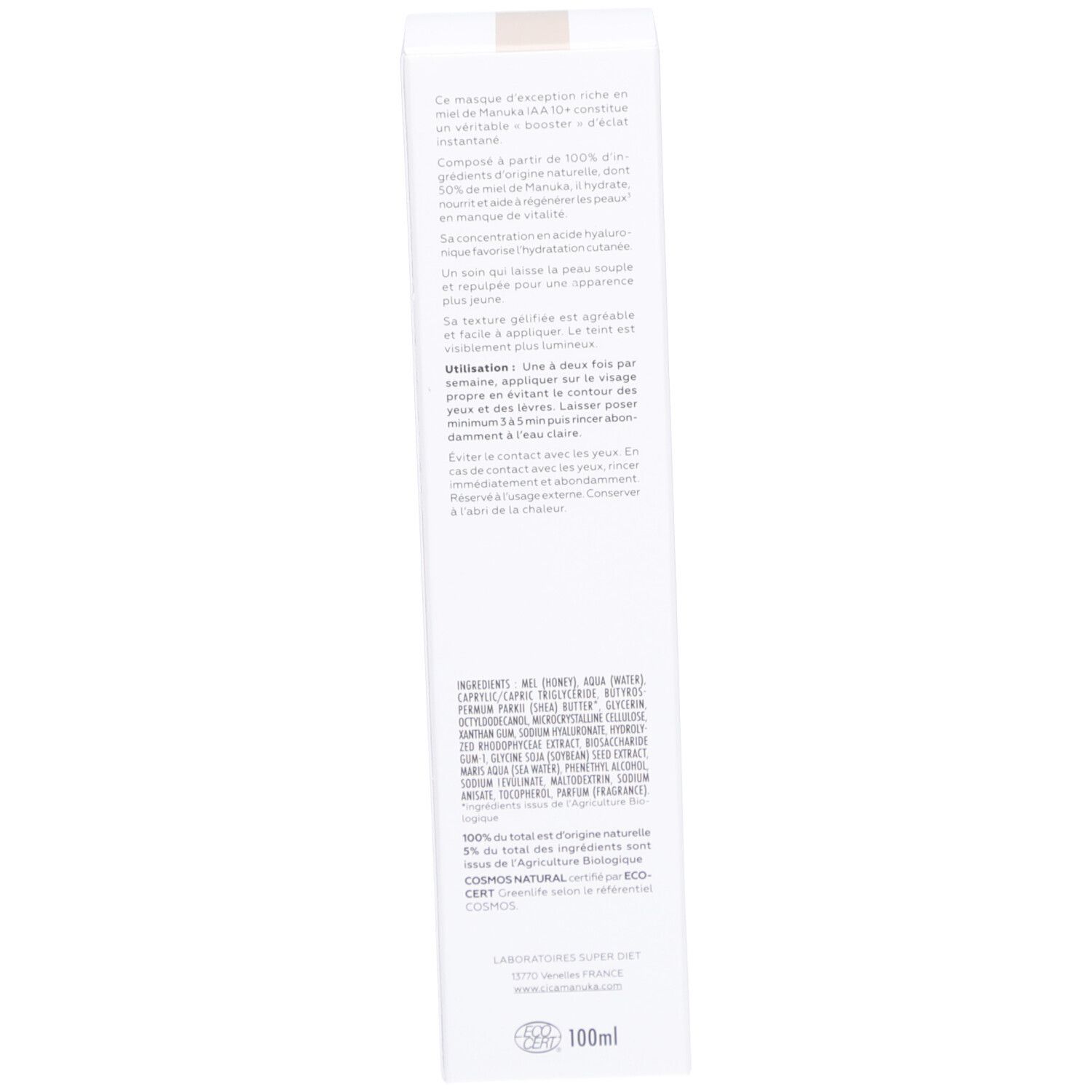 Rückseite der Schachtel. Text in französischer Sprache. Inhaltsstoffe und Herstellerinformationen. 100ml.