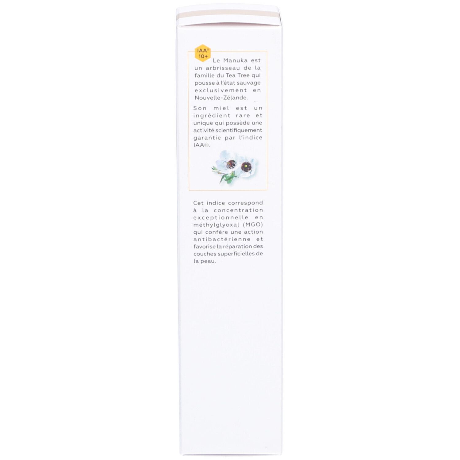 Seite der Schachtel. Text in französischer Sprache. Informationen über Manuka-Honig und IAA10+ Zertifizierung.