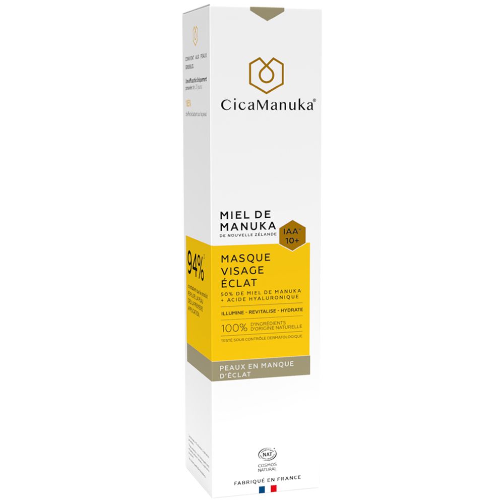 Emballage blanc avec logo CicaManuka et étiquette jaune. Texte : Miel de Manuka, Masque Visage Éclat, IAA 10+.