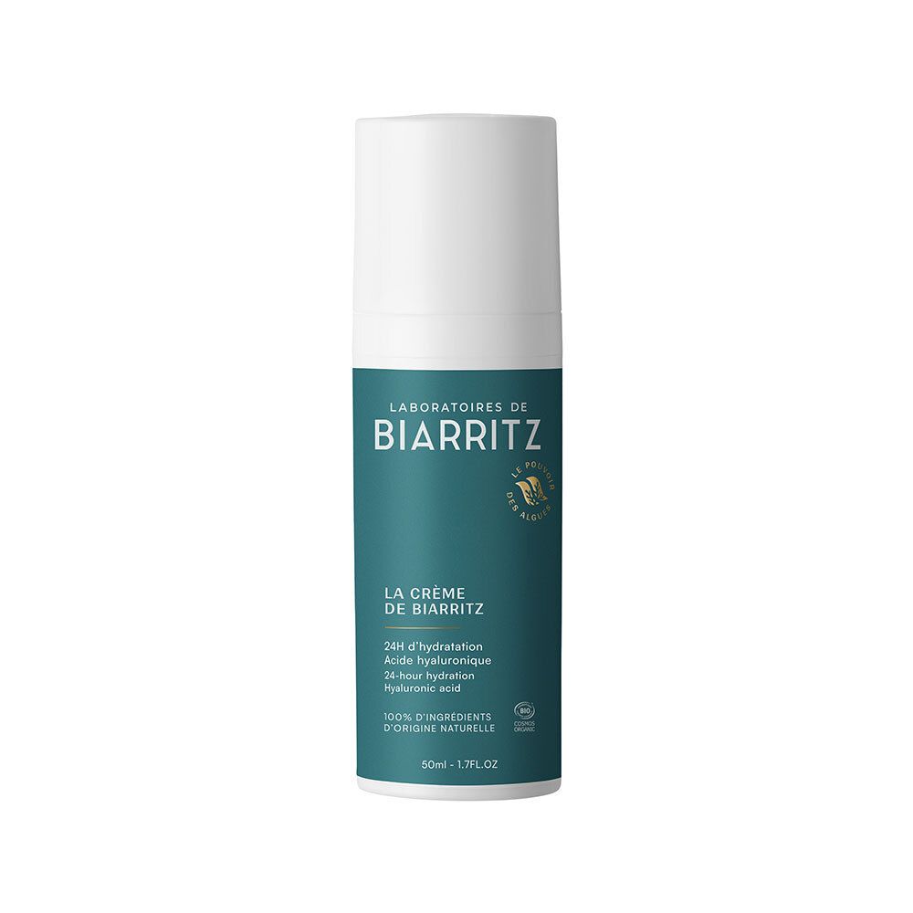 Creme-Flakon mit weißem Deckel. Aufschrift: LABORATOIRES DE BIARRITZ, La Crème de Biarritz. 50ml.