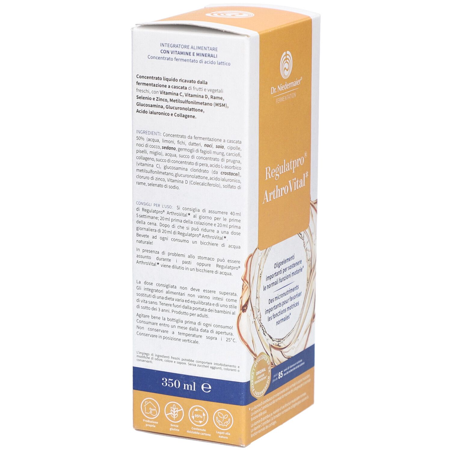 Karton von Dr. Niedermaier Regulatpro ArthroVital. Rückseite mit Inhaltsstoffen und Informationen. Enthält 350 ml.
