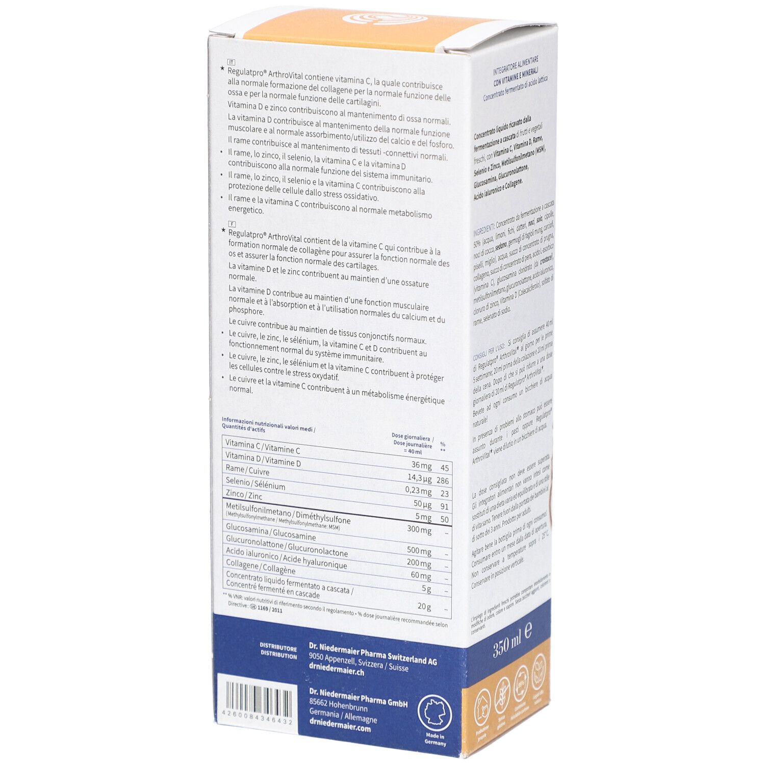 Karton von Dr. Niedermaier Regulatpro ArthroVital. Detailansicht der Rückseite mit Nährwertangaben. Enthält 350 ml.