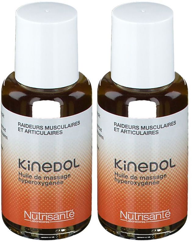 Zwei Flaschen Kinedol Massageöl. Weiße Deckel, braune Flüssigkeit. Aufschrift: Kinedol, Huile de massage hyperoxygénée, Nutrisante.