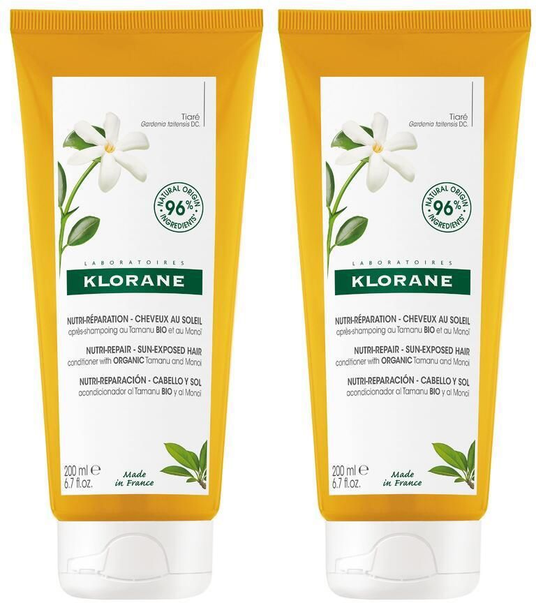 Zwei gelbe Tuben mit weißem Deckel. Auf jeder Tube: Logo und Schriftzug KLORANE, Abbildung einer Blüte, Text und ein grünes Siegel.