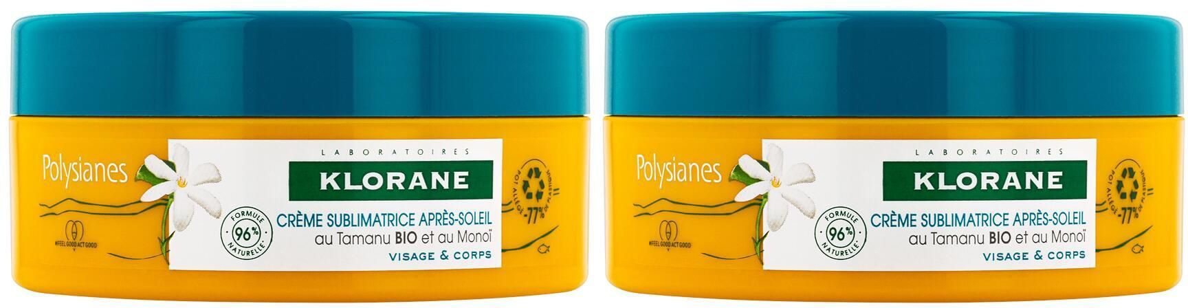 Deux pots de crème KLORANE Crème Sublimatrice Après-soleil. Pot jaune avec couvercle bleu. Inscription: KLORANE, Crème Sublimatrice Après-soleil.