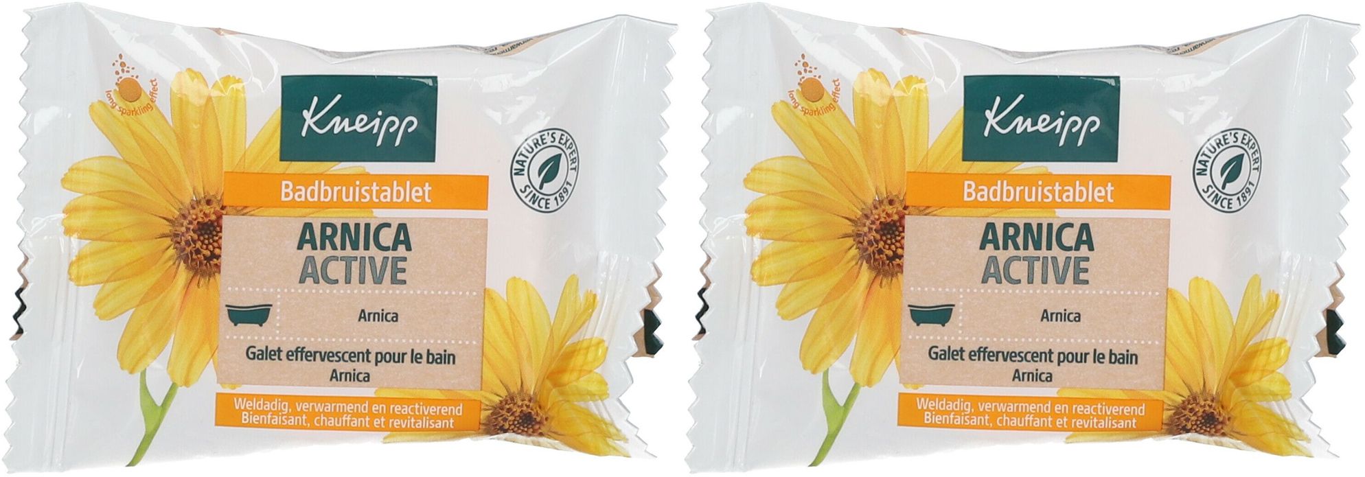 Deux tablettes de bain emballées avec le logo Kneipp et l'inscription Arnica Active. Inscription : Badetabletten, Galet effervescent pour le bain.
