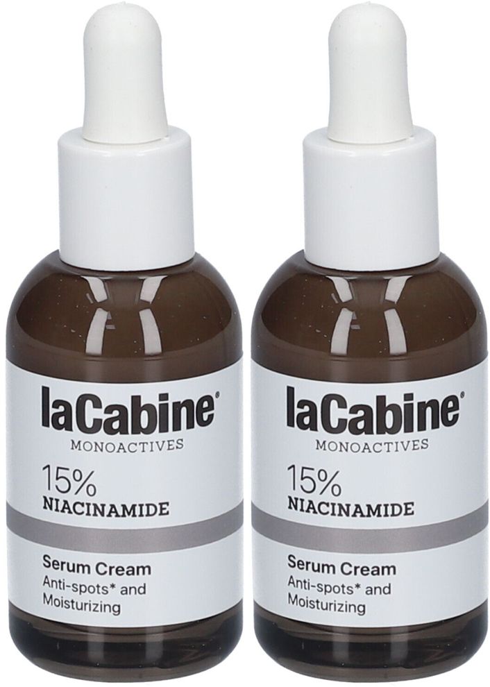 Deux flacons de crème sérum avec bouchon blanc et pipette. Inscription : laCabine, 15% Niacinamide, anti-taches et hydratant.