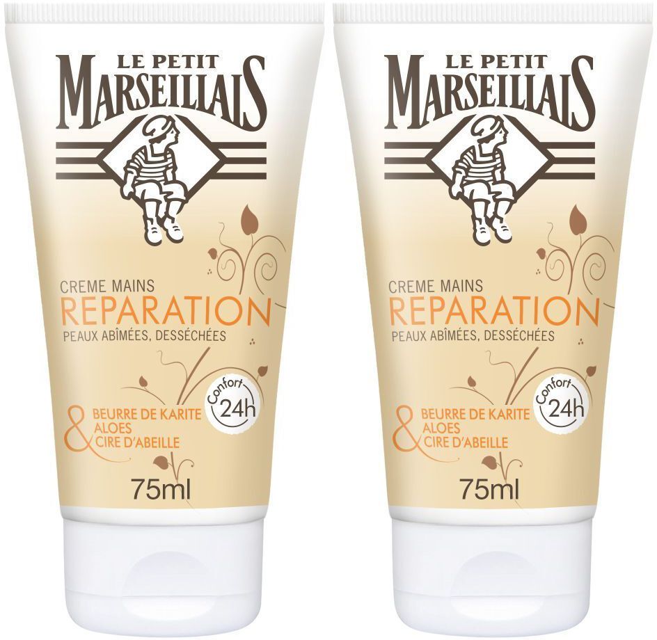 Deux tubes de crème pour les mains. Inscription : Le Petit Marseillais, Crème Mains Réparation, Peaux Abimées, Desséchées. Confort 24h.