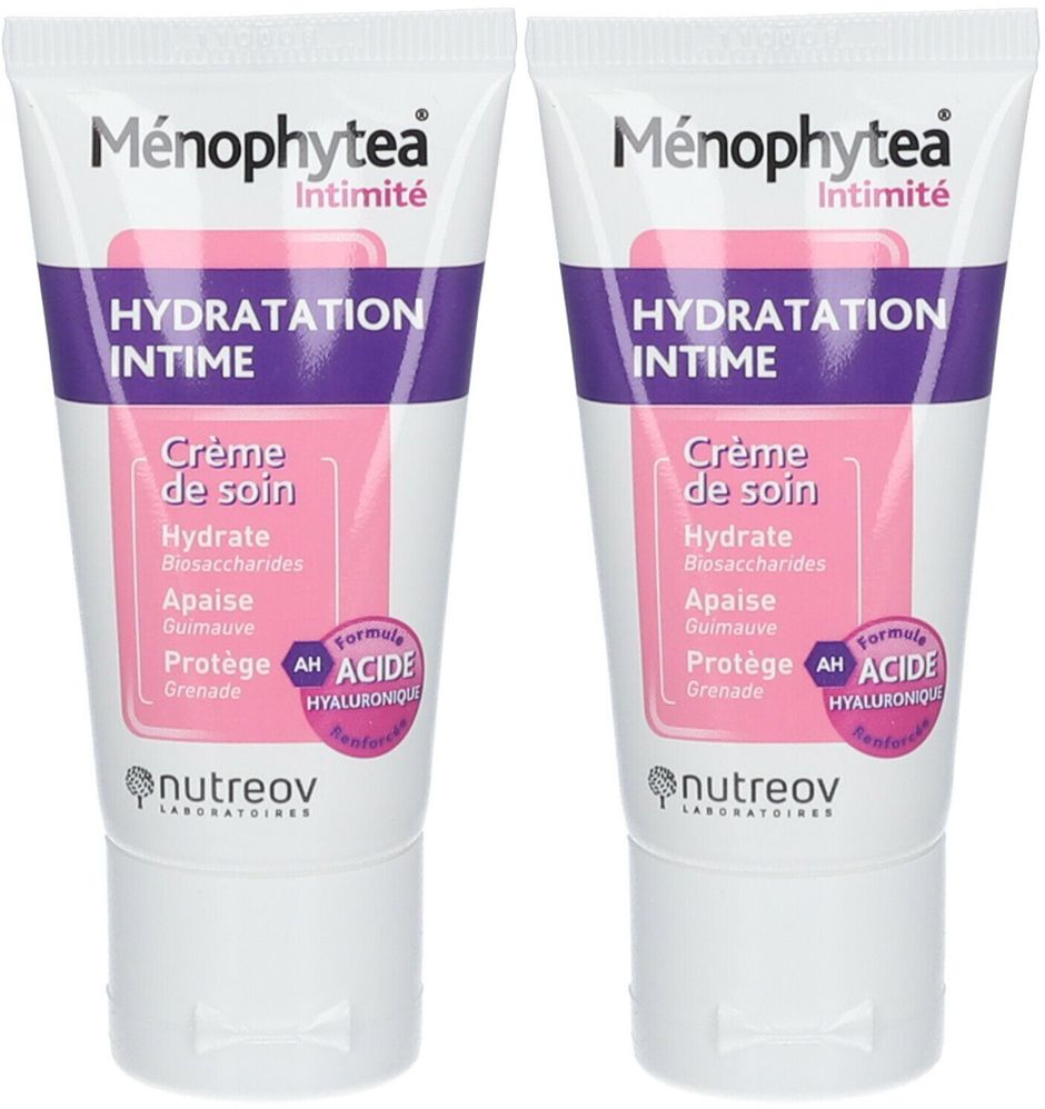 Deux tubes de Ménophytea Intimité. Inscription : Hydratation Intime, Crème de soin. Ingrédients et logo Nutreov Laboratoires visibles.