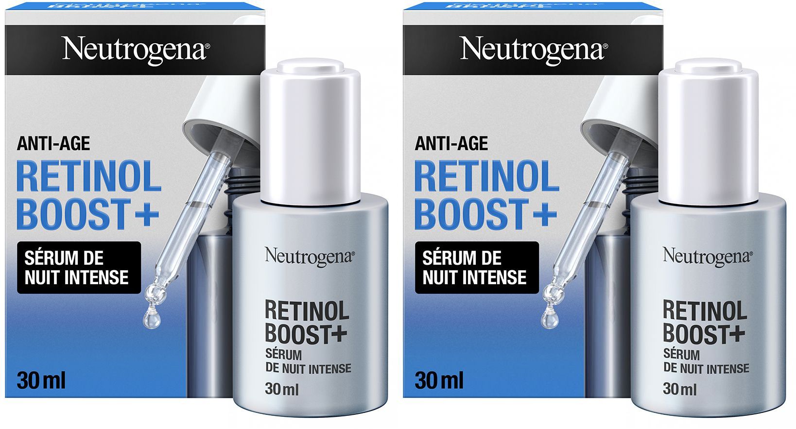 Deux flacons avec bouchon blanc et pipette, à côté d'emballages. Inscription : Neutrogena, Retinol Boost+, Sérum de Nuit Intense, 30 ml.