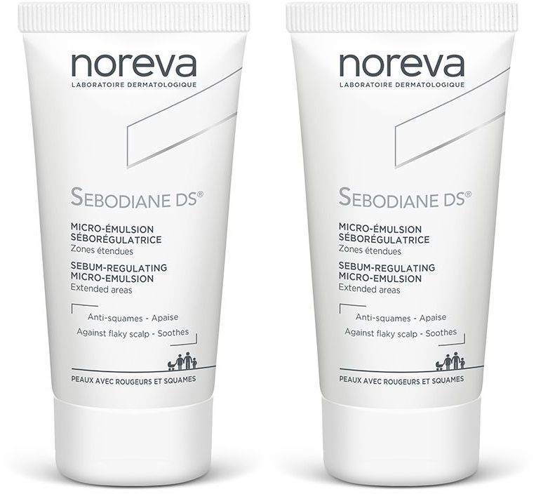 Zwei Tuben mit weißem Hintergrund. Aufschrift: Noreva, Sebodiane DS, Micro-Emulsion séborégulatrice. Text: Anti-Schuppen, beruhigt, gegen schuppige Kopfhaut.
