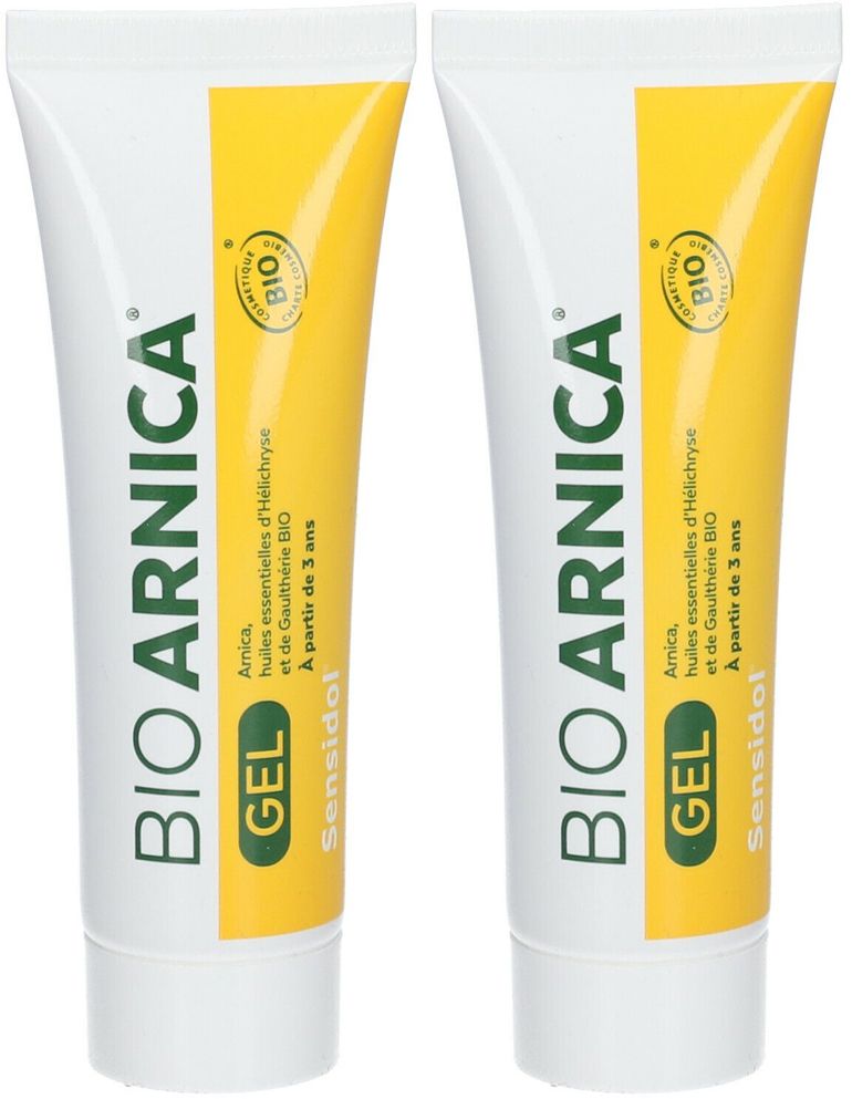 Zwei Tuben Gel. Aufschrift: BIO ARNICA, GEL, Sensidol. Mit Bio-Zertifizierung. Gelb-weiße Verpackung.
