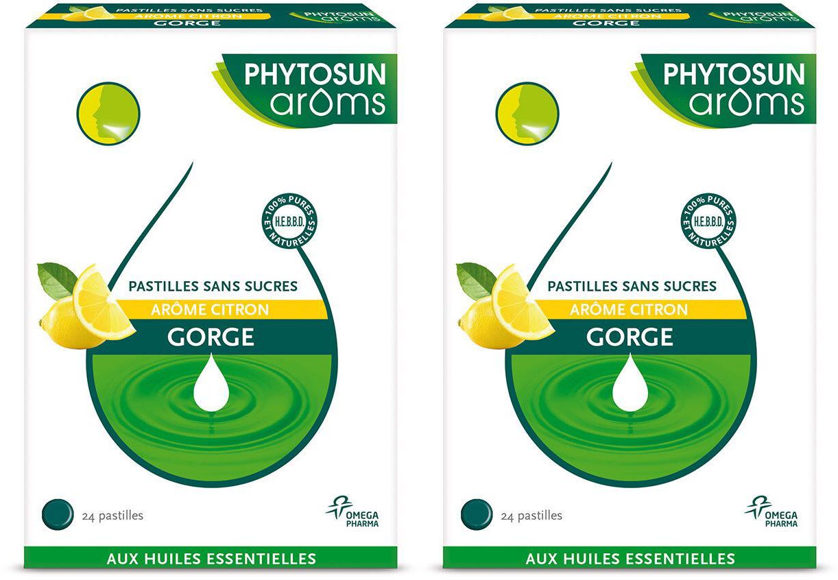 Deux boîtes de Phytosun Arôms Pastille Sans Sucre Gorge Citron. Inscription : citron, 24 pastilles, sans sucre, aux huiles essentielles.
