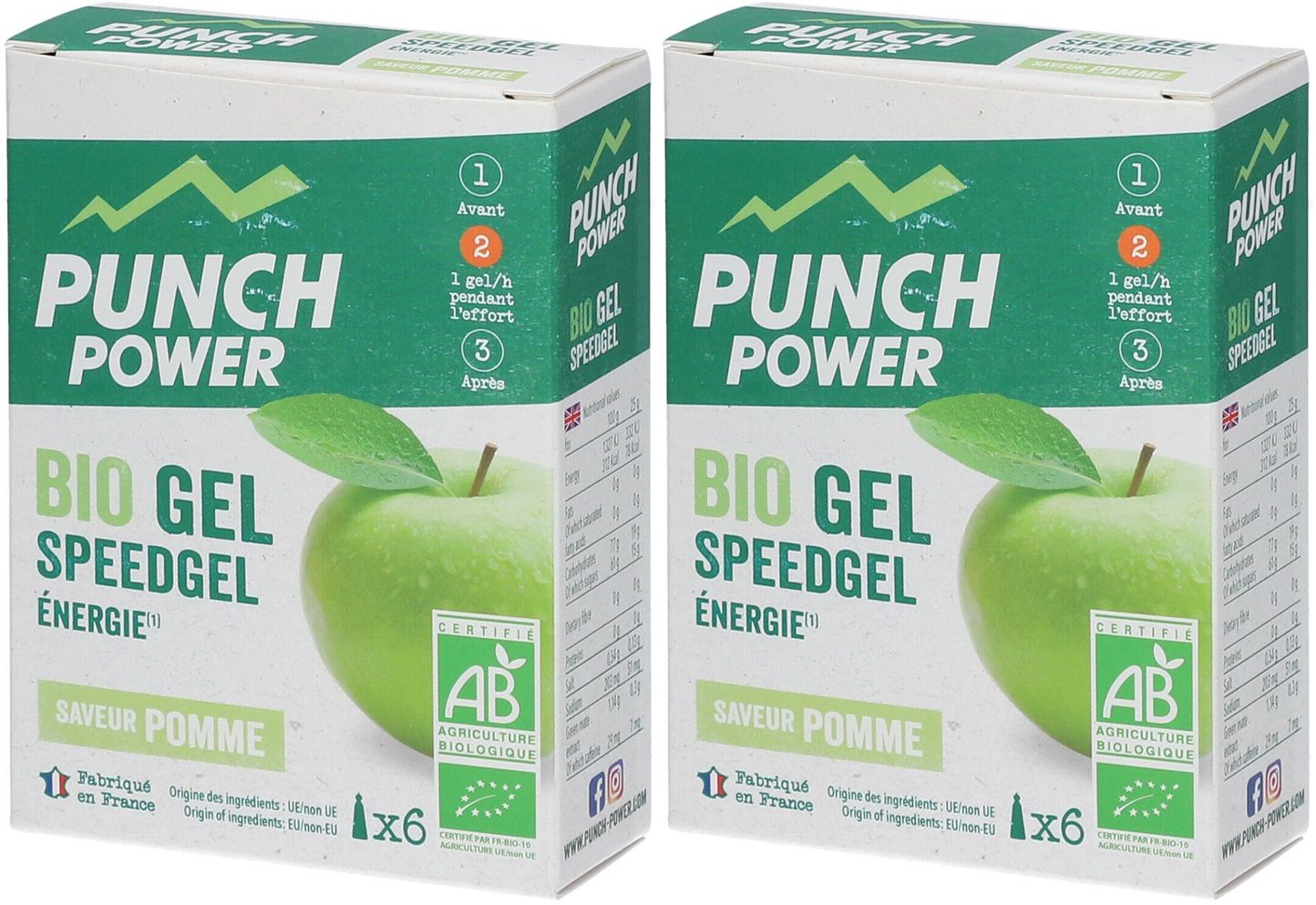 Zwei Kartons mit "PUNCH POWER Bio Gel Speedgel Pomme". Grüner Apfel-Illustration. AB-Zertifizierung. Text: "SAVEUR POMME".