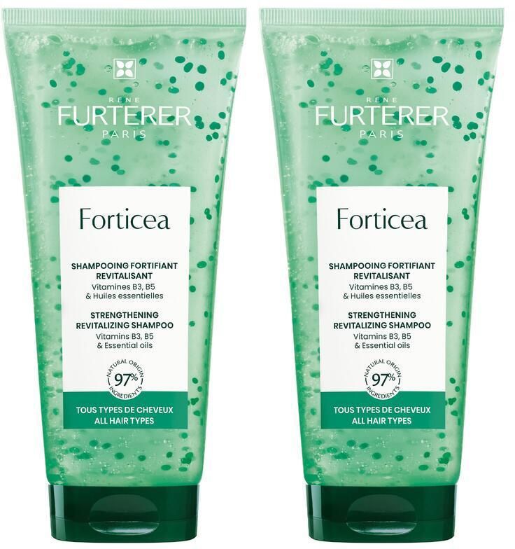 Deux tubes de shampooing vert. Inscription: René Furterer, Forticea, Shampooing fortifiant revitalisant. 97% ingrédients naturels.