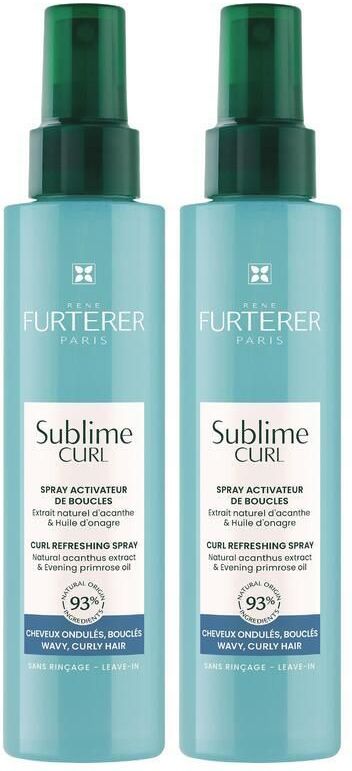 Zwei blaue Sprühflaschen mit grünen Deckeln. Aufschrift: René Furterer, Sublime Curl, Spray activateur de boucles.