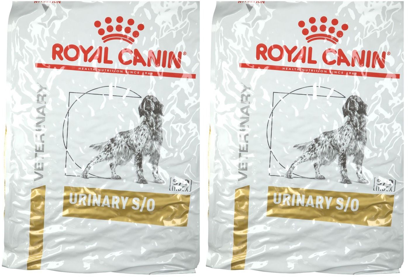 Deux sacs Royal Canin Urinary S/O Chien. Fond blanc, logo et nom du produit clairement visibles.