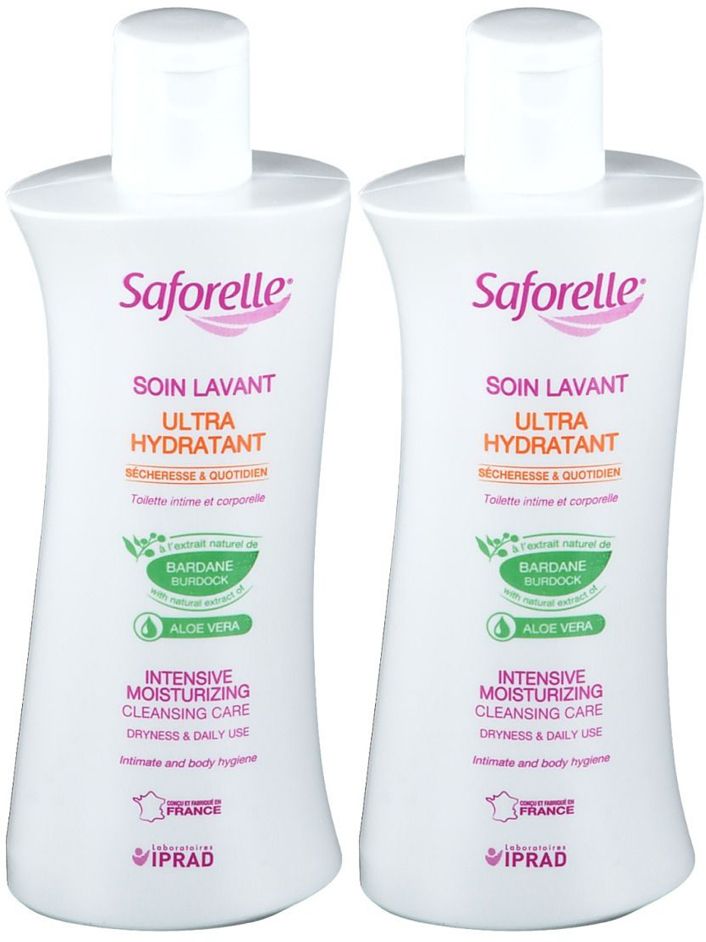 Deux flacons blancs avec bouchon blanc. Inscription: Saforelle, Soin Lavant Ultra Hydratant. Avec Aloe Vera et Bardane.