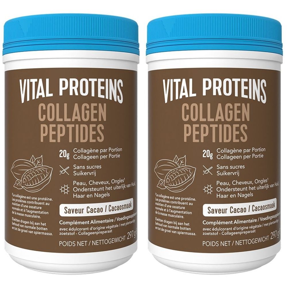 Deux boîtes de Vital Proteins Collagen Peptides. Boîtes marron avec couvercles bleus. Inscription : Collagen Peptides, 20g, Cacao.
