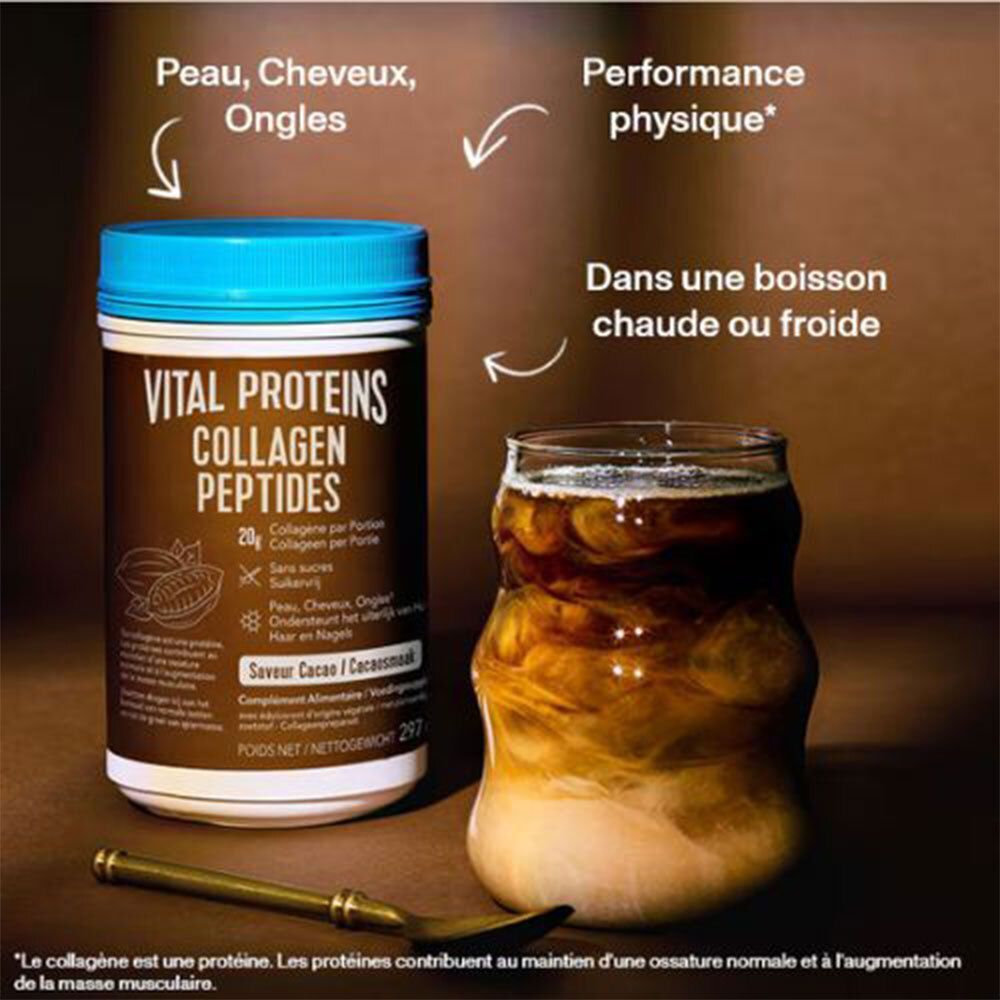 Dose VITAL PROTEINS Kollagen Peptide Kakaogeschmack neben einem Glas Kakao-Getränk.