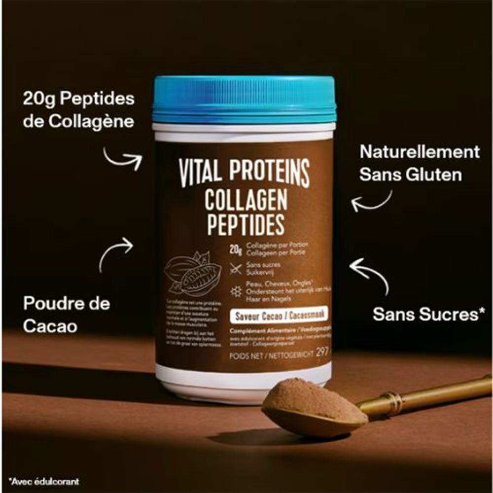 Dose VITAL PROTEINS Kollagen Peptide Kakaogeschmack mit Kakaopulver auf einem Löffel.